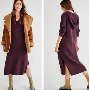 FREE PEOPLE //Beach “Claudia” eggplant purple maxi knit sweater tunic dress hood